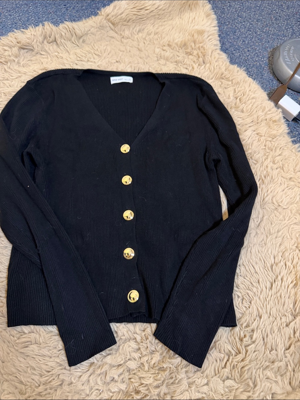 Nine West Black Ribbed V-Neck Cardigan with Gold-Tone Buttons